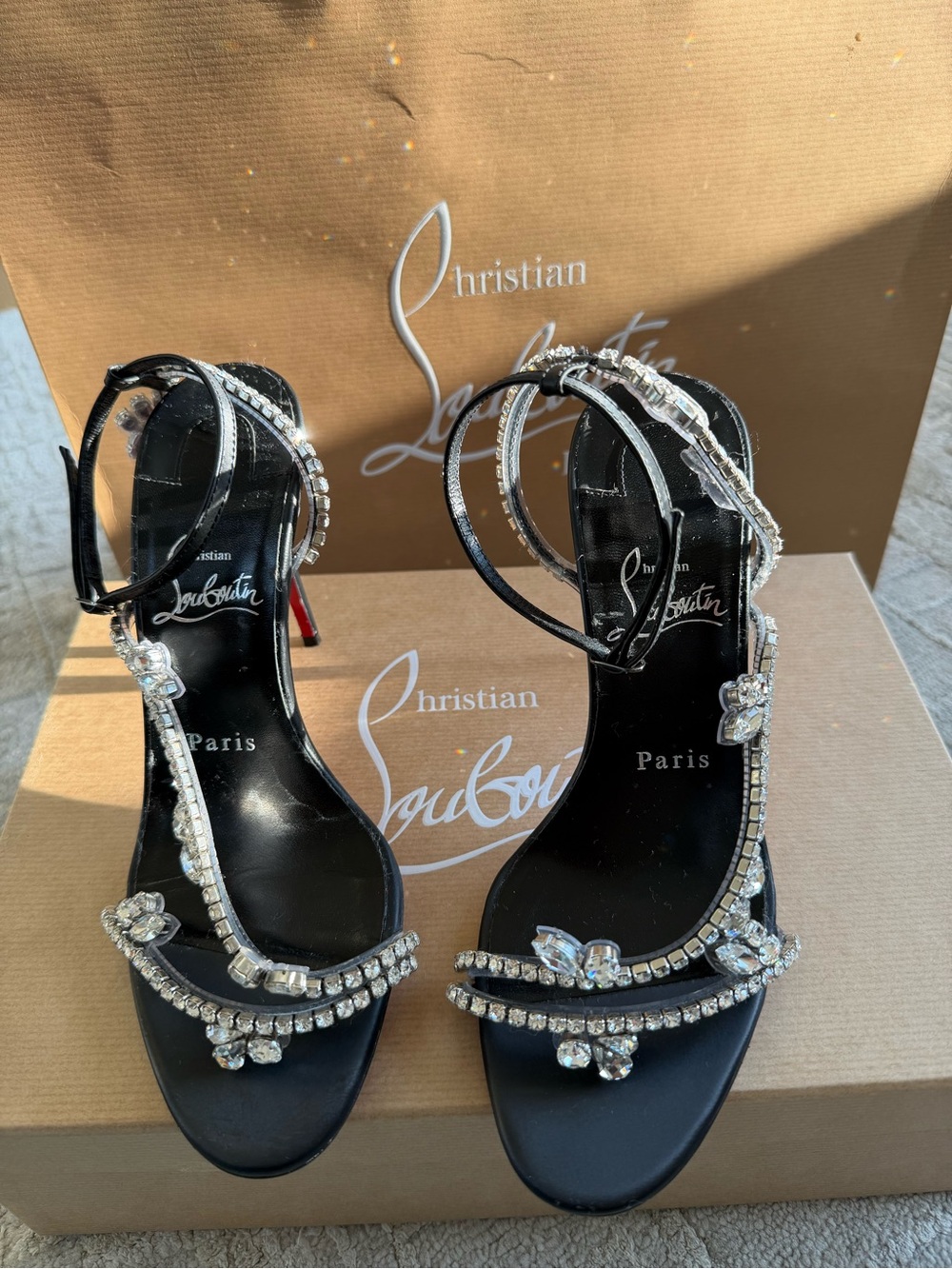 Christian Louboutin Black Crystal-Strap Evening Sandals